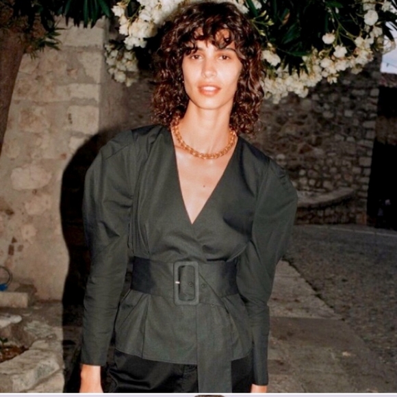 NWT* Zara Belted Puff Shoulder Poplin Wrap Blouse Black Top Shirt - Picture 6 of 12